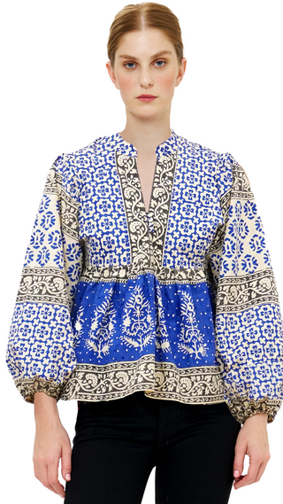 Ruffle Front Button Blouse- Kochi Blue