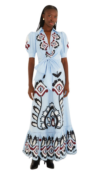 Blue Artisanal Short Sleeve Maxi Dress