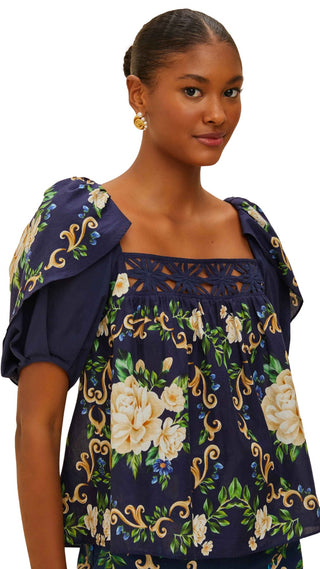 Flower Tapestry Blue Flowered Yoke Blouse - Flower Tapestry Blue