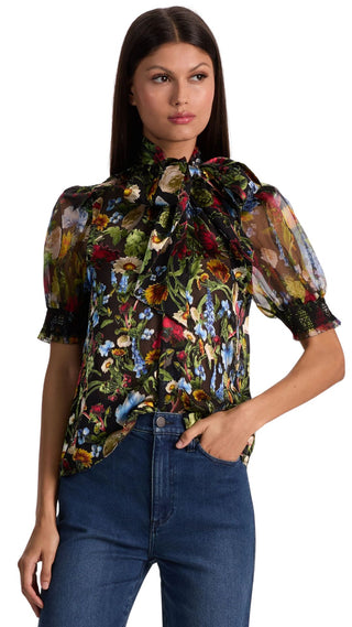 Brentley Tie Neck Puff Sleeve Blouse - Black