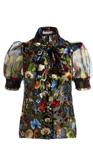 Brentley Tie Neck Puff Sleeve Blouse - Black