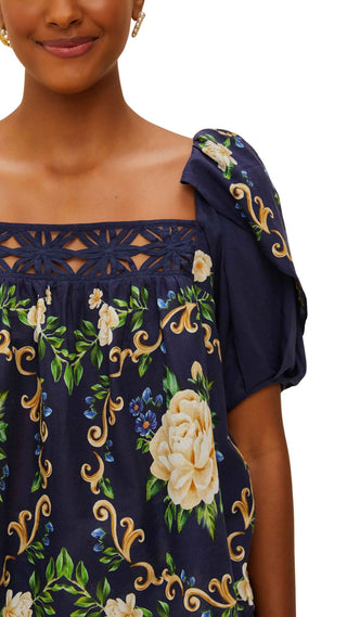 Flower Tapestry Blue Flowered Yoke Blouse - Flower Tapestry Blue