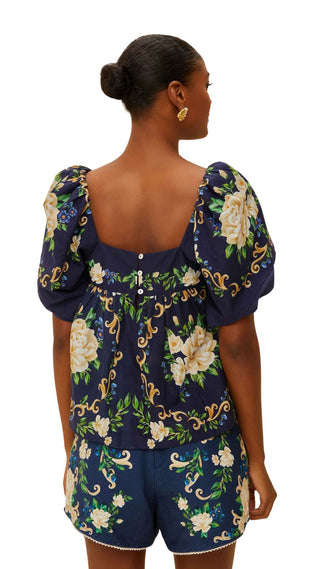 Flower Tapestry Blue Flowered Yoke Blouse - Flower Tapestry Blue