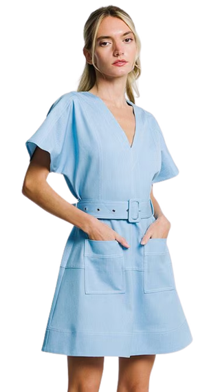 Polly Patch Pocket Denim Mini Dress - Light Blue