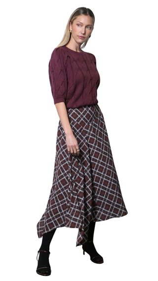 Rhodes Asymmetric Plaid Midi Skirt, Dark Cherry