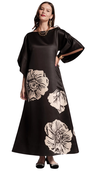 Spinnaker Maxi Dress Carefree Chrysanthemum Poly Satin, Black/Camel
