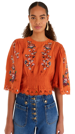 Orange Boho Flowers Embroidered Short Sleeve Blouse, Orange