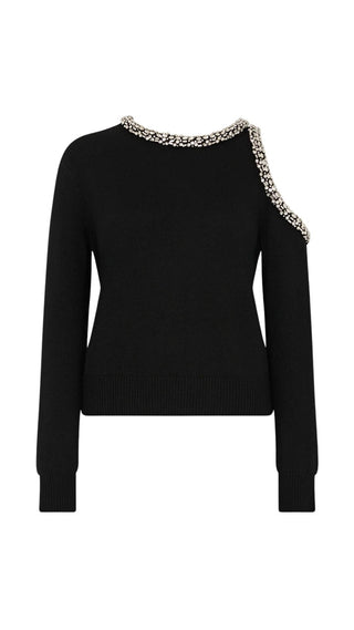 Roma Crystal Embellished Crew Neck Top - Black