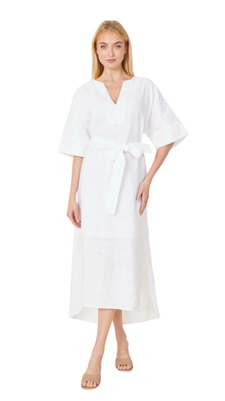 Linen Belted Maxi Dress - White