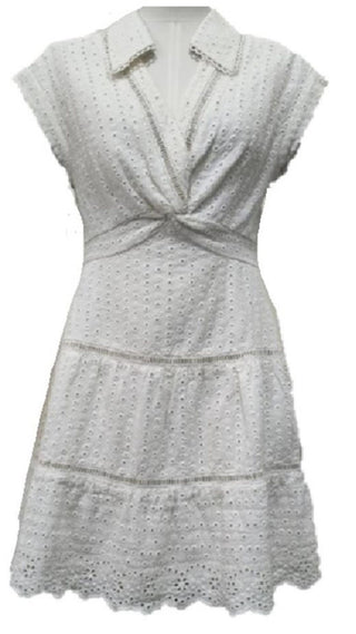 Mila Eyelet Deep V Twist Front Mini Dress - Off White