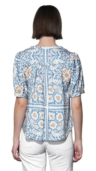 Charlotte Split Neck Elbow Sleeve Top - Dusty Blue