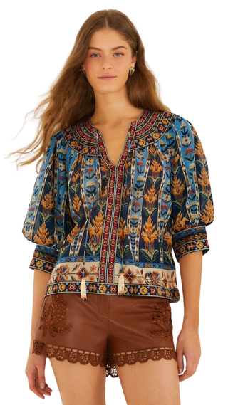 Embroidered Tapestry Blue Short Sleeve Blouse