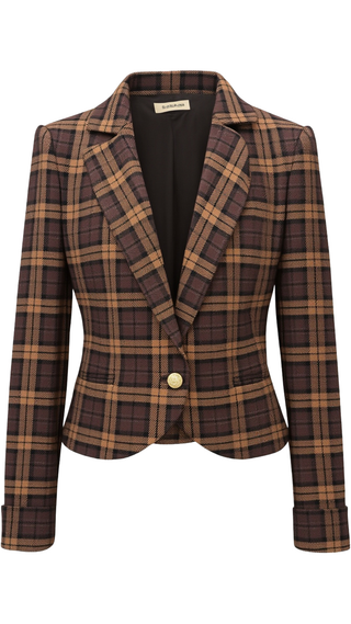 Macey Shrunken Roll Cuff Notch Collar Blazer, Dark Chocolate/Camel