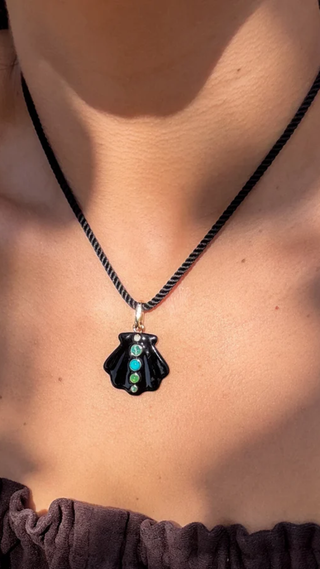 Maris Black Enamel Shell Silk Cord Necklace, Unique Color