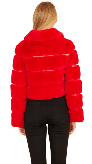 Paneled Faux Fur Vegan Leather Cropped Jacket - Red