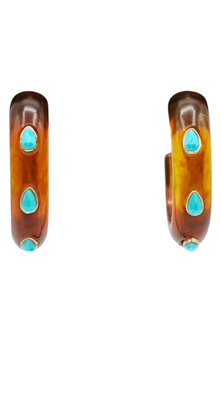Genevieve Tortoise Resin Hoop Earrings With Faceted Turquoise Glass Pear Stones