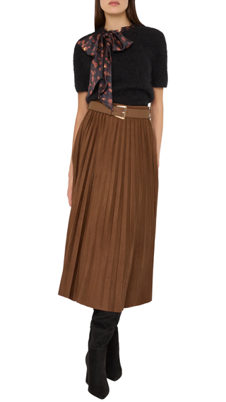 Nayla Pleated Midi Skirt, Brown