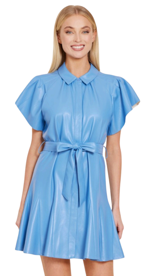 Vegan Leather Pleated Sleeve Belted Dress - Blue