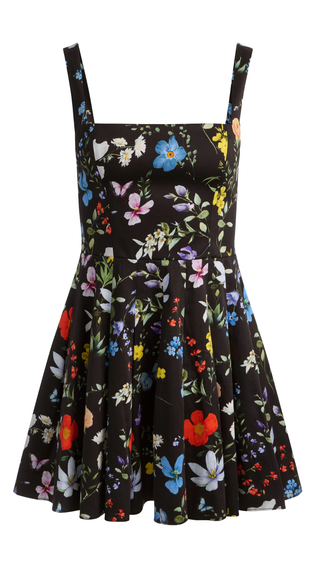 Veda Square Neck Pleated Flared Mini Dress - Twisting Vines Black