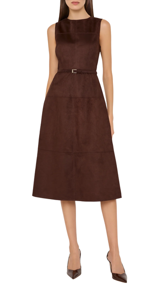 Frankie Suede Belted Midi Dress, Brown