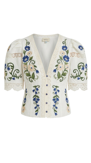 Countryside Land Embroidery Short Sleeve Blouse, Off-White