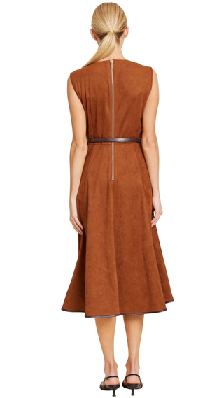 Faux Suede Belted Midi Dress - Rust