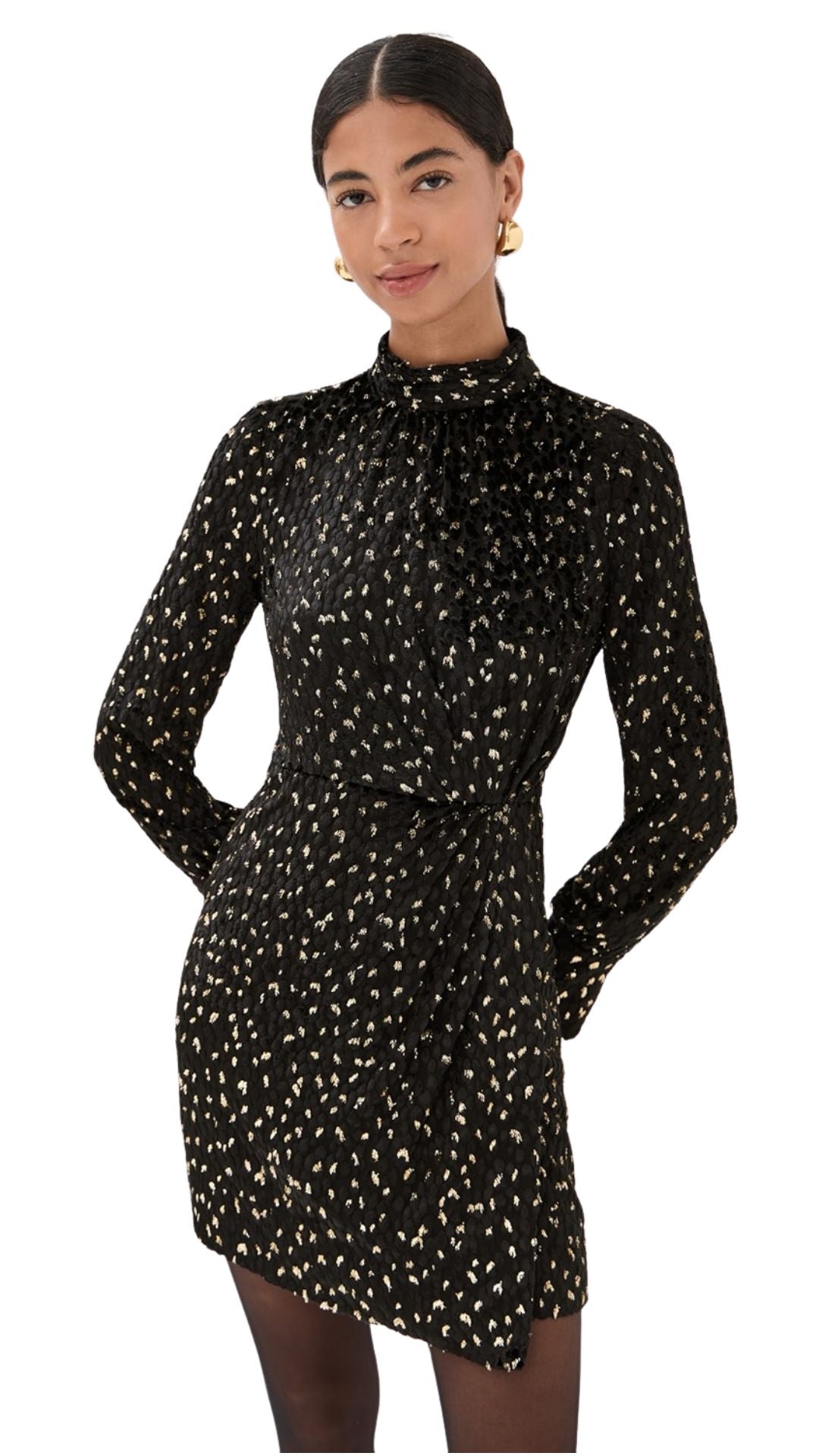 SIMKHAI Daphne Long Sleeve Draped Mock Neck Mini Dress | Black Multi | Size 4 | Shopbop SIMKHAI Daphne Long Sleeve Draped Mock Neck Mini Dress | Black Multi | Size 4 | Shopbop