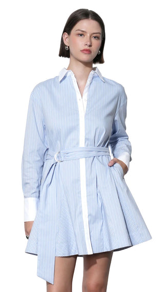 Faith Stripe Godet Mini Shirt Dress - Blue