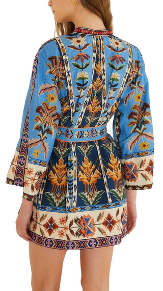 Embroidered Tapestry Blue Mini Dress