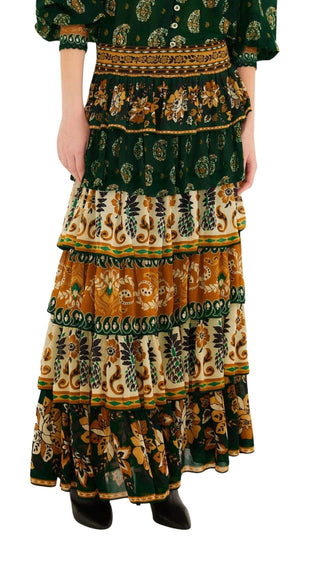 Ayla Green Mixed Scarves Ruffled Maxi Skirt