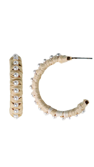 Natural Studded Pearl Raffia Statement Hoop Earrings