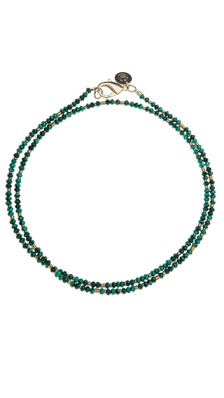 Double Wrap Diamond Cut Beaded Necklace in Malachite and Gold