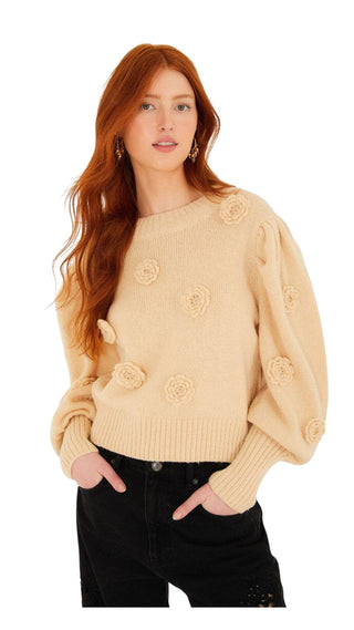 Crochet Flower Knit Sand Sweater