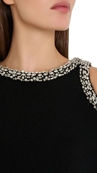 Roma Crystal Embellished Crew Neck Top - Black