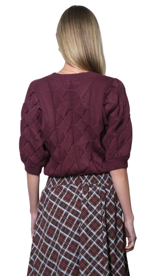 Hallie Cable Knit Puff Sleeve Sweater Top- Aubergine