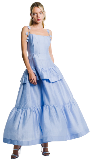 Claudetta Flower Trim Ruffled Maxi Dress - Iris Blue