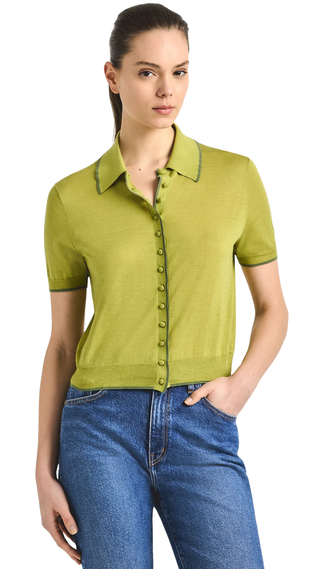 Dorella Silk Blend Featherweight Button Front Sweater - Green Olive