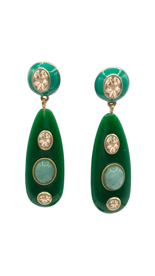Sofia Green Resin And Enamel Pierced Earrings With Light Amethyst Crystal Stones