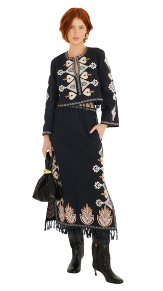 Black Embroidery Long Sleeve Crop Top, Black