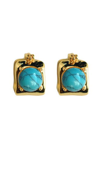 Vintage Mini Square Gold and Turquoise Huggie Hoop Earrings