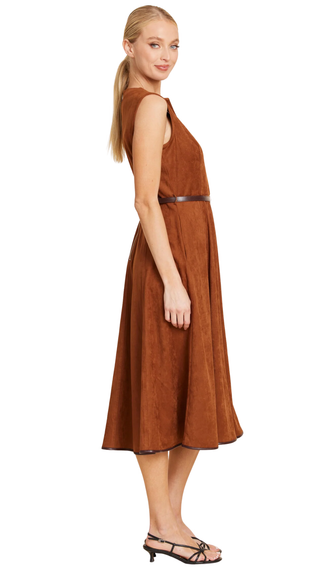 Faux Suede Belted Midi Dress - Rust