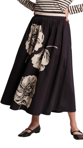 Phoebe Midi Skirt Carefree Chrysanthemum Cotton Poplin, Navy/Multi