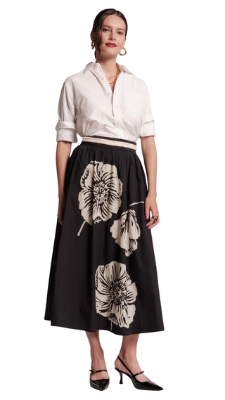 Phoebe Midi Skirt Carefree Chrysanthemum Cotton Poplin, Navy/Multi