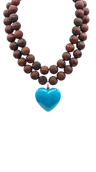 Amour Carved Tortoise Resin Bead Necklace With Turquoise Resin Heart Pendant