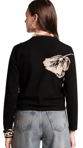 Darling Cardigan Carefree Chrysanthemum Jacquard Wool Blend, Black/Camel
