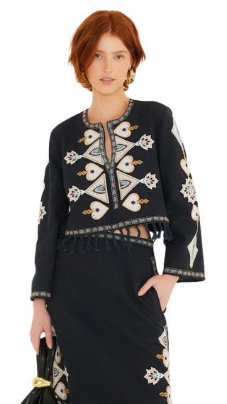 Black Embroidery Long Sleeve Crop Top, Black