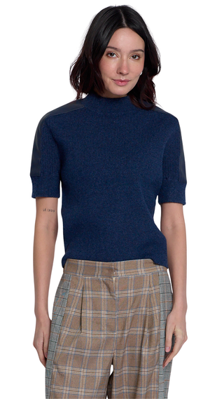Vesper Vegan Trim Ribbed Half Sleeve, Denim Blue