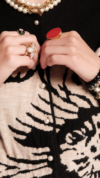 Darling Cardigan Carefree Chrysanthemum Jacquard Wool Blend, Black/Camel