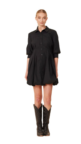 Poplin 3/4 Sleeve Bubble Dress - Black