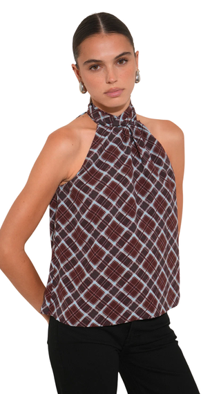 Sasha Halter Neck Plaid Top, Dark Cherry